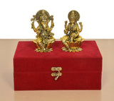Golden brass Lakshmi idol, seated on lotus in velvet presentation box