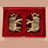 Superfine brass elephant pair in red velvet gift box, decorative filigree detail