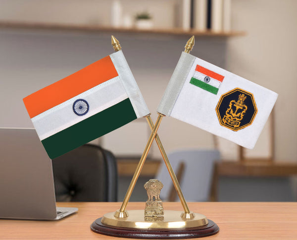 Brass Indian and Indian Navy Desk Flag Set | Golden Base with Ashoka Emblem | Office Table Decor (Height: 12 inch)