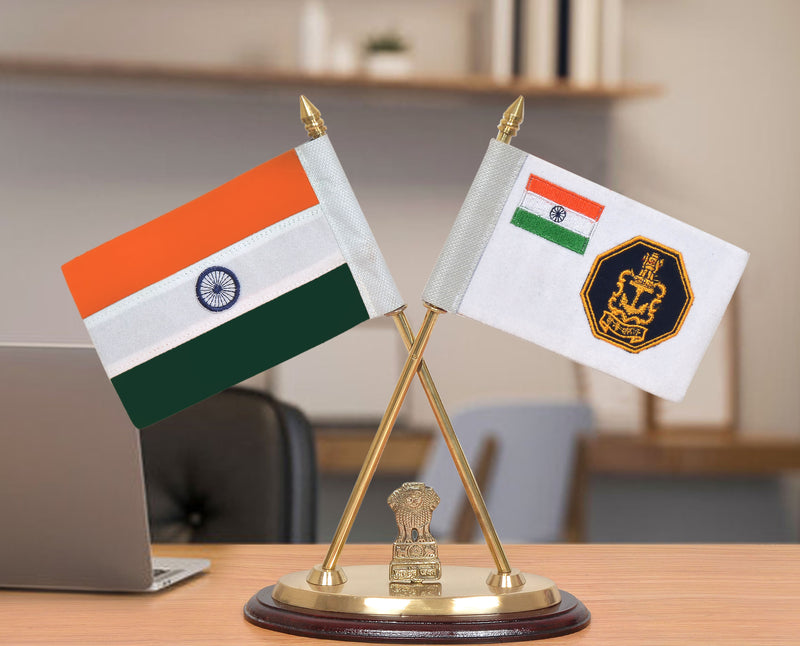 Brass Indian and Indian Navy Desk Flag Set | Golden Base with Ashoka Emblem | Office Table Decor (Height: 12 inch)