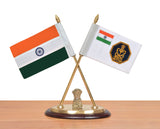Brass tabletop desk flag set with India and Indian Navy flags on gold stand