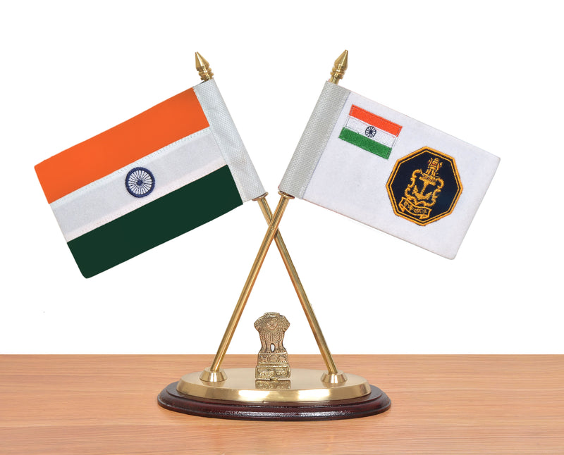 Brass Indian and Indian Navy Desk Flag Set | Golden Base with Ashoka Emblem | Office Table Decor (Height: 12 inch)