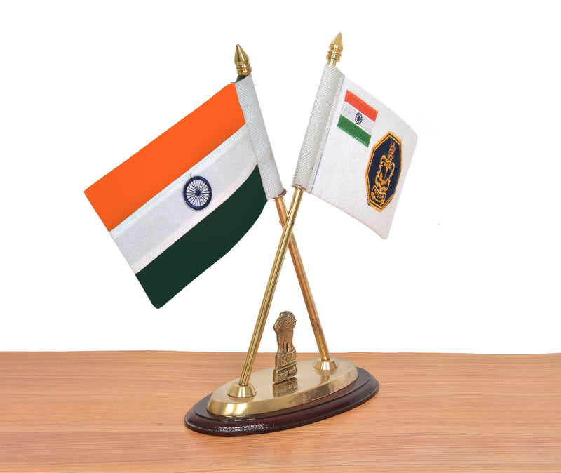 Brass Indian and Indian Navy Desk Flag Set | Golden Base with Ashoka Emblem | Office Table Decor (Height: 12 inch)
