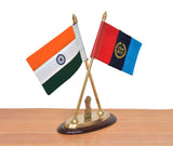 Brass desk flag holder with India and NCC mini flags, central emblem figure