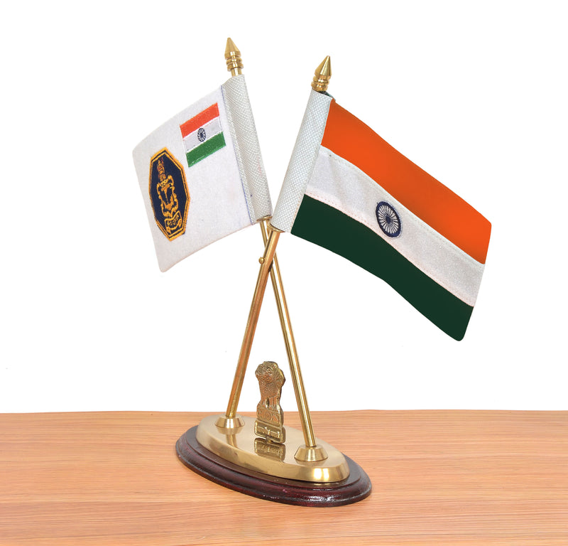 Brass Indian and Indian Navy Desk Flag Set | Golden Base with Ashoka Emblem | Office Table Decor (Height: 12 inch)