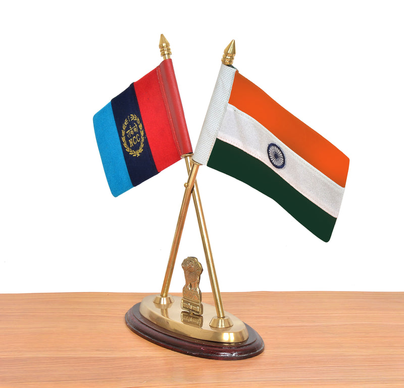 Brass Indian and NCC Desk Flag Set | Golden Base with Ashoka Emblem | Office Table Decor (Height: 12 inch)