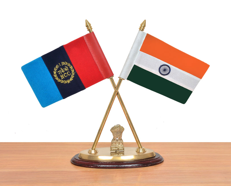 Brass Indian and NCC Desk Flag Set | Golden Base with Ashoka Emblem | Office Table Decor (Height: 12 inch)