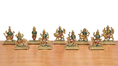 Navdurga brass idol figurine set with multicolor painted faces and ornate crowns