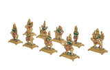 Brass Navdurga idol figurines with multicolor paint, seated on square gold bases
