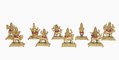 Small brass Navdurga idol figures with multicolor paint, three-quarter views on bases