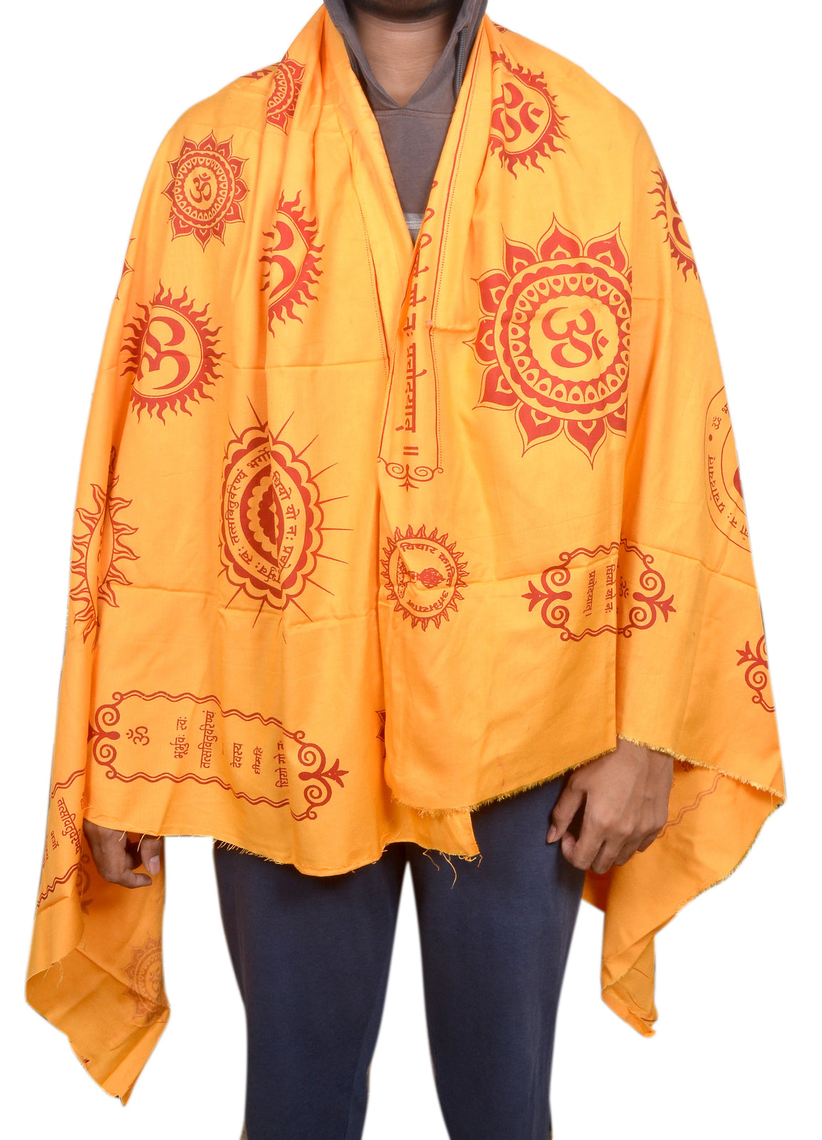 Yellow prayer shawl with red Gayatri mantra and Om symbols; fringed edges
