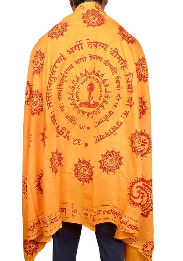 Authentic Yellow & Red Gayatri Mantra Japa Shawl | Spiritual Prayer Cloth Entryway Setting