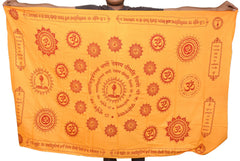 Yellow Gayatri mantra japa shawl with red Om icons and sunburst medallions; fringed edges