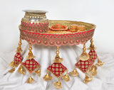 Handcrafted pooja thali plate with silver channi, red bands, gold fringe and hanging balls