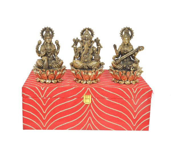 Superfine Brass Lakshmi Ganesh Saraswati with Box Diwali Puja (Height: 6 inches) Entryway Setting