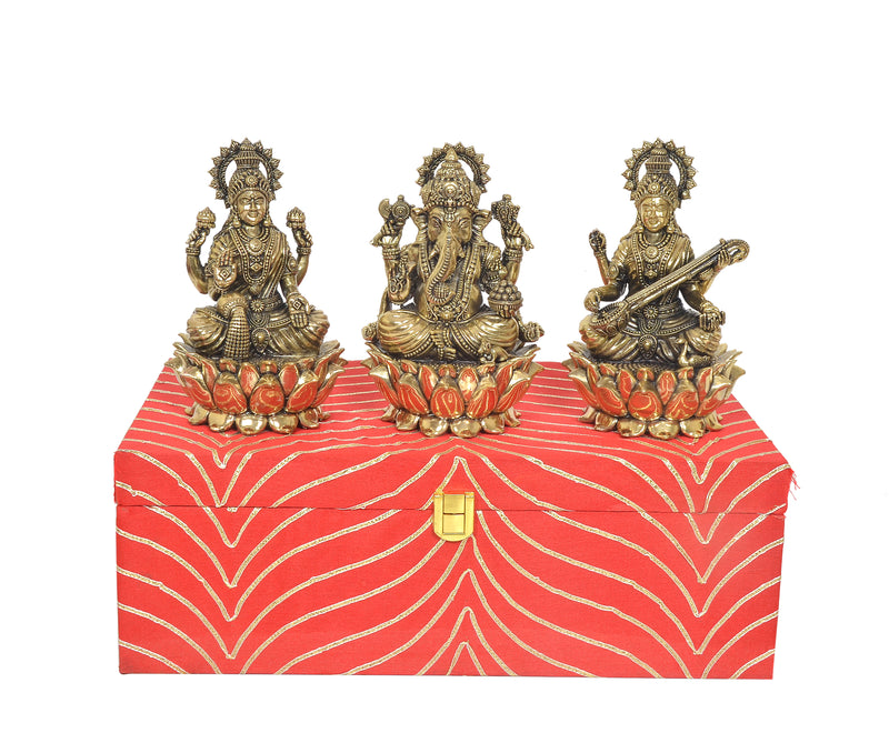Superfine Brass Lakshmi Ganesh Saraswati with Box Diwali Puja (Height: 6 inches)