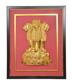 AONA INDIA Ashoka lion emblem gold relief in a framed showpiece with red backing