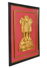 Framed Ashoka stambh emblem relief statue, gold finish on red background