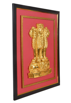 Framed Ashoka stambh emblem relief statue, gold finish on red background