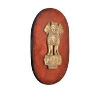 Brass Ashoka Stambh emblem wall plaque, oval wooden backing with raised lion capital