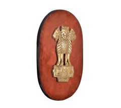 Brass Ashoka Stambh emblem wall plaque, oval wooden backing with raised lion capital