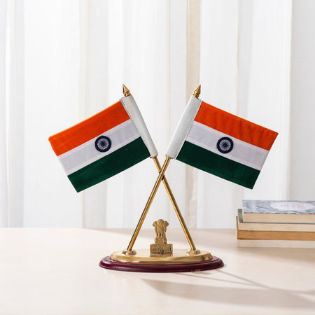 Brass National Flag Stand with Ashoka Stambh (Height: 12 Inches)