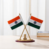 Brass India flag stand with Ashoka Stambh, two flags and gold emblem, 12 in