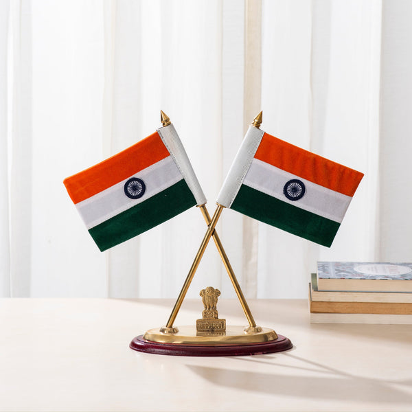Brass National Flag Stand with Ashoka Stambh (Height: 12 Inches)