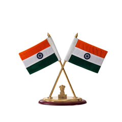 Brass desk flag stand with crossed Indian flags and a wooden base