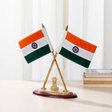 Brass flag stand with two India tricolor flags and Ashoka Stambh on round base
