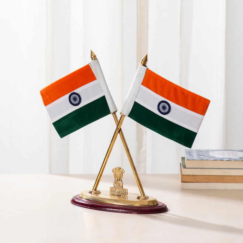Brass National Flag Stand with Ashoka Stambh (Height: 12 Inches)