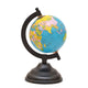 8" blue world globe with black magnifying frame and stand, colorful world map