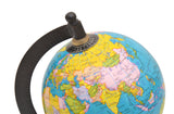 Close-up of 8" blue globe with black magnifier rim; colorful countries and borders
