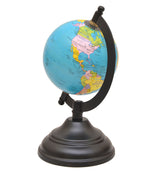 Side view of 8" blue world globe with black stand and magnifier frame, Americas map