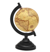 Beige world globe with map details, black rotating arm, and round pedestal base