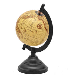 Beige world globe with black pedestal and curved rotating ring, dial on top