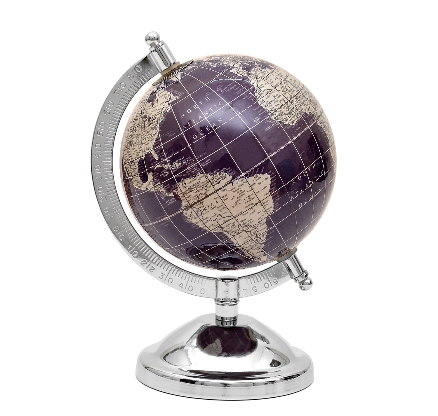 8-inch world globe with purple-and-white map, mounted on chrome base