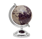 Purple-and-white world globe with chrome stand and scale ring, visible map regions