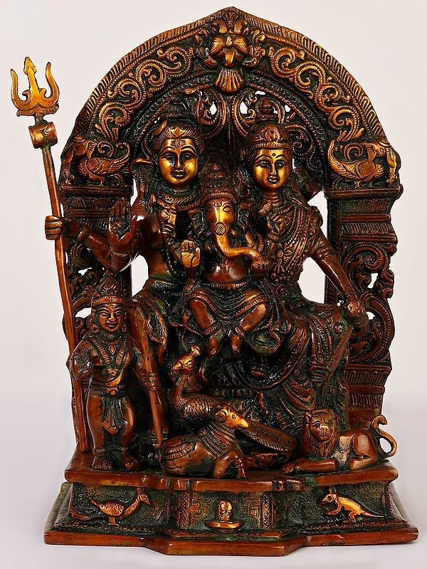 Antique red brass Shiva Parivar idol with seated deities, trident and pedestal