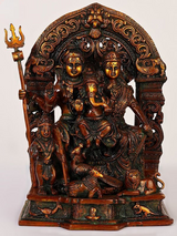 Antique red brass Shiva Parivar idol with seated deities, trident and pedestal