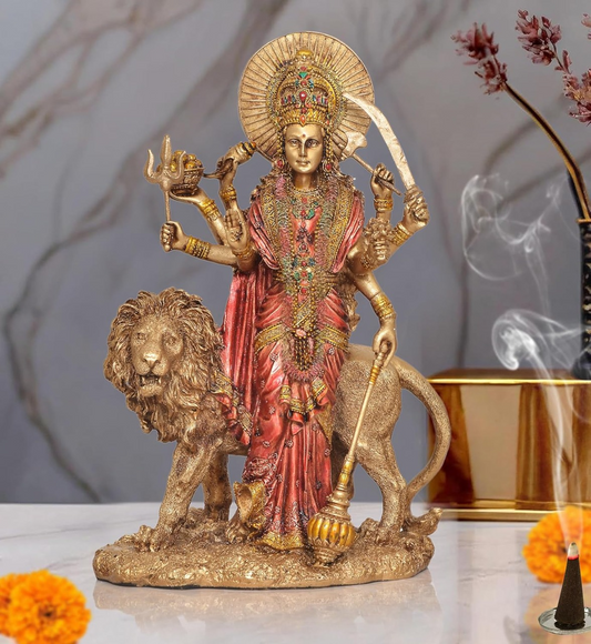 Resin Standing Durga Maa with Lion Idol Hindu Goddess Sherawali MATA Murti MATA Rani Statue Figurine Home Temple (Height: 11 Inch)