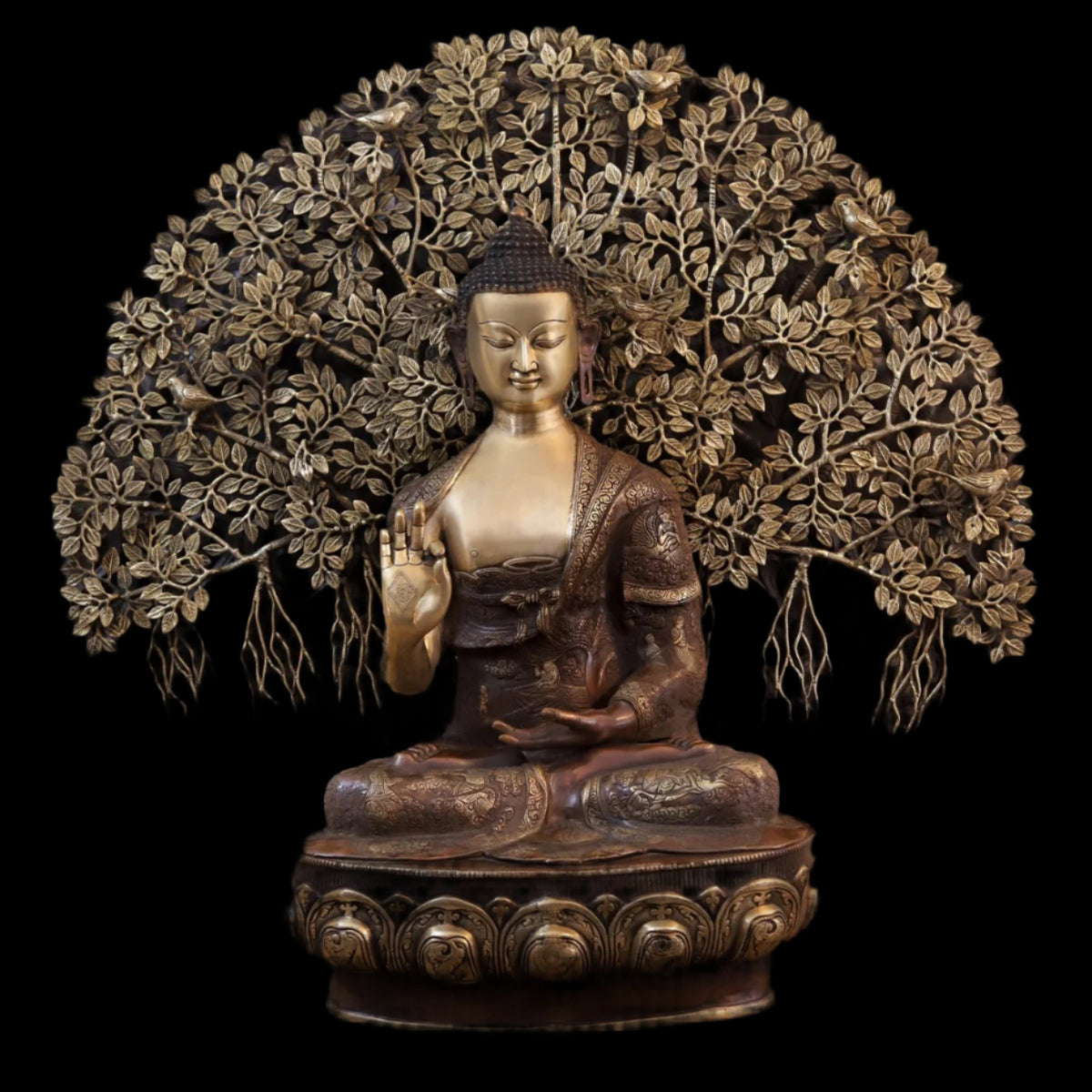 Brass seated Buddha statue with Tree of Life canopy, raised hand, circular base