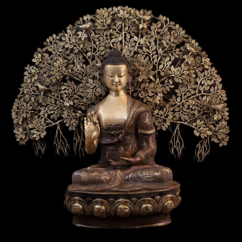 Brass Buddha Life Story With tree Statue (Height: 43.5 Inches)