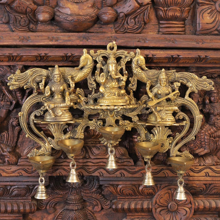 Brass Lakshmi, Ganesh, Saraswati Wall Hanging (Height: 14 Inches)