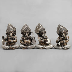 Brass musician Ganesh idol, seated with ornate crown and hands holding instruments