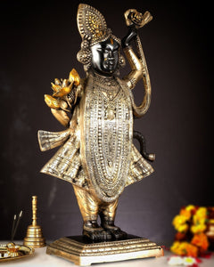 Brass Shrinath Ji murti on base, engraved robe and patterned ornaments, hand raised