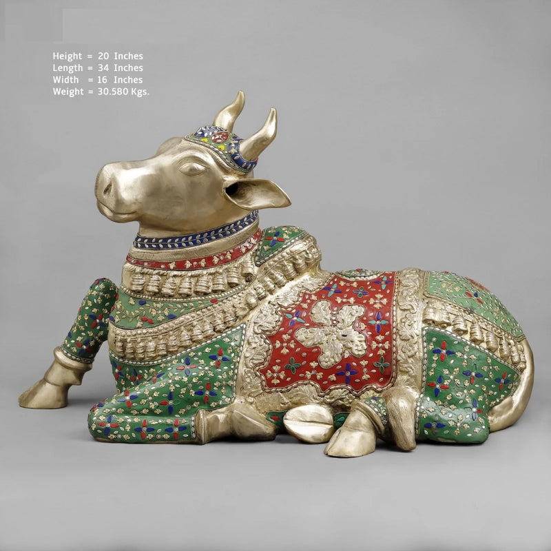 Brass Nandi Seated Floral Stone Work Sculpture (Height: 22 Inches)