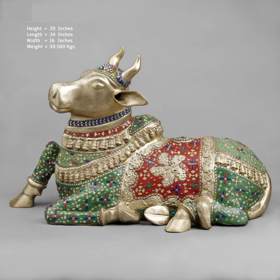 Brass Nandi Seated Floral Stone Work Sculpture (Height: 22 Inches) Craft Detail