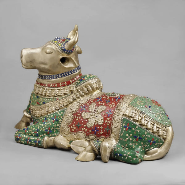 Brass Nandi Seated Floral Stone Work Sculpture (Height: 22 Inches) Study Setting