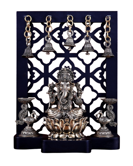 Superfine Brass Ganesha on Lotus with Annam Lamps & Hanging Bells (Height :12 Inches)